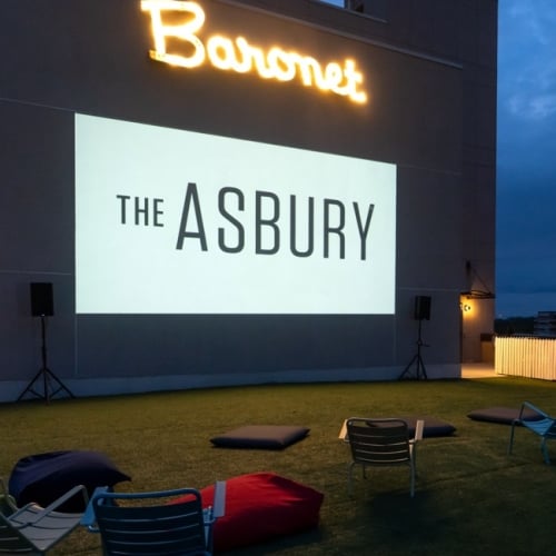 The Baronet rooftop cinema: a vibrant outdoor gathering spot at The Asbury for films & community in Asbury Park.