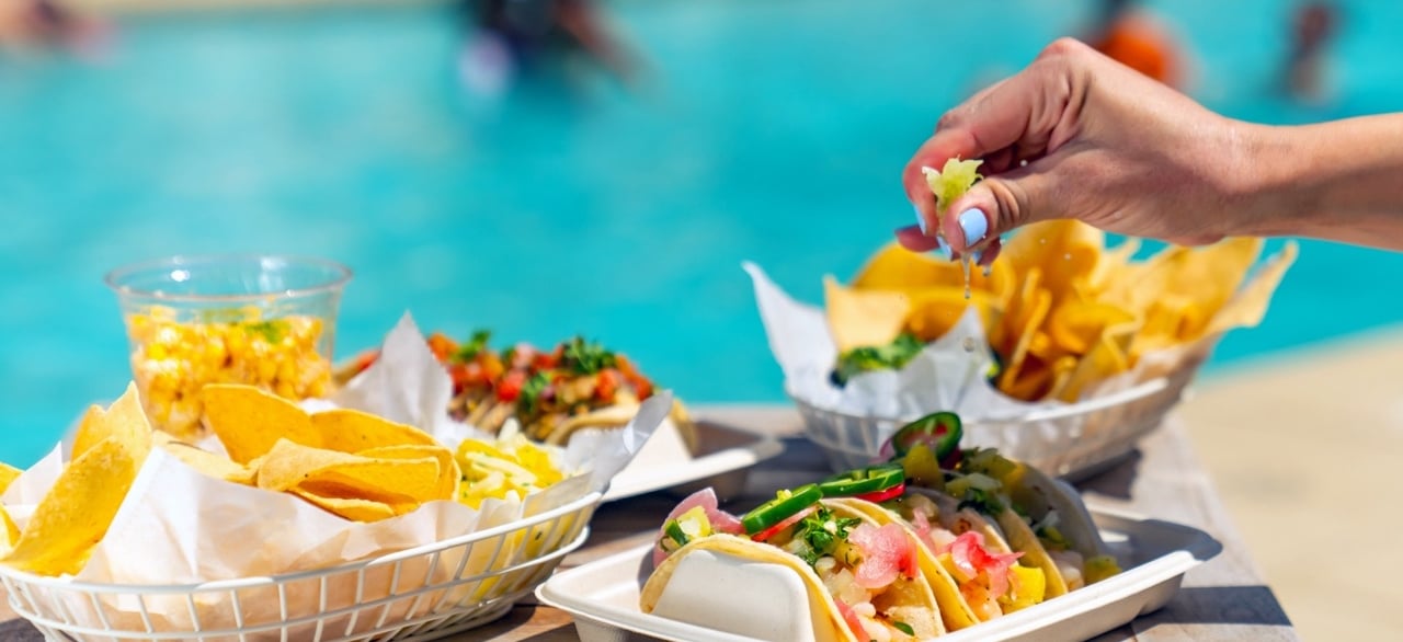 Cool poolside bites: fresh tacos & snacks at The Asbury Hotel, perfect for unwinding in Asbury Park.